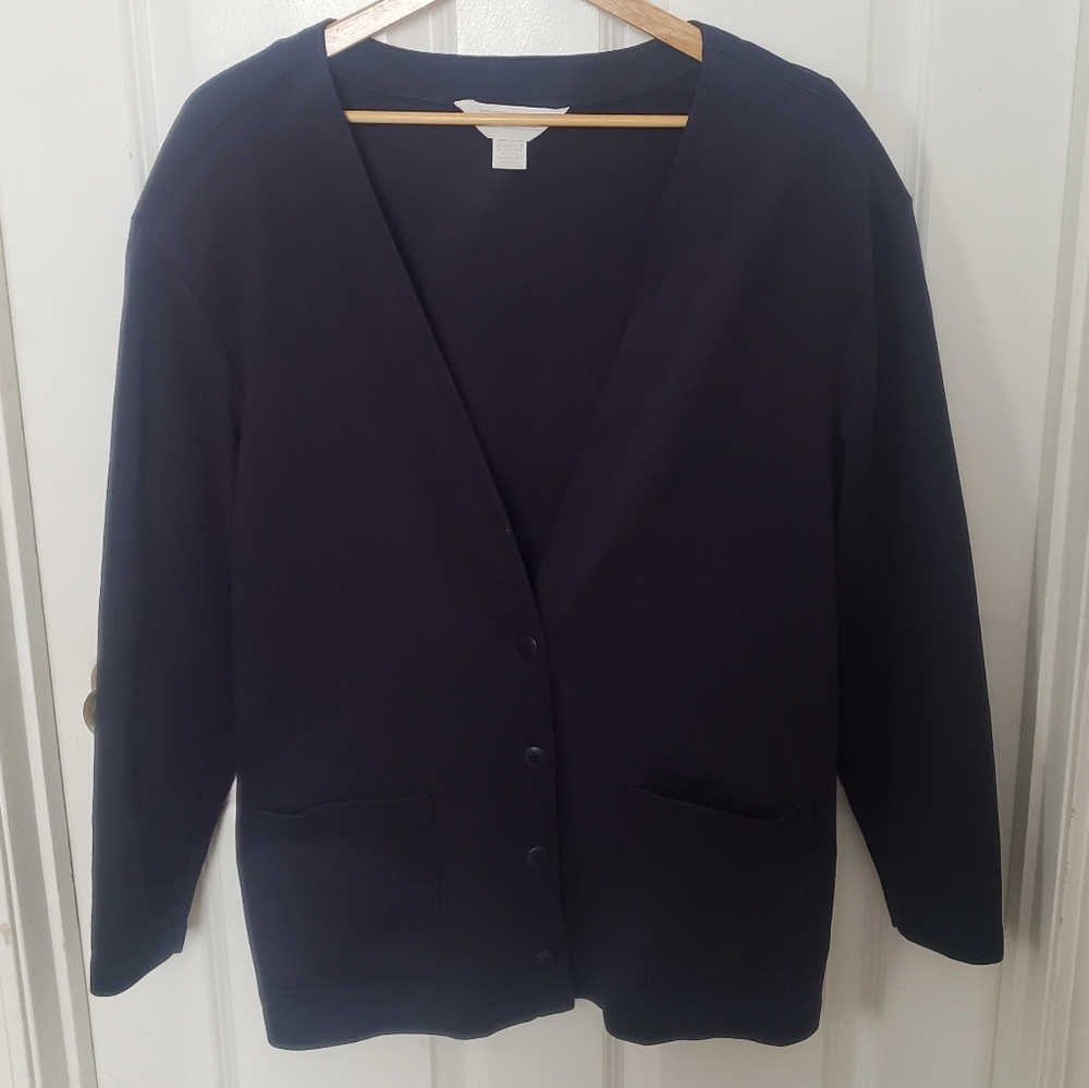 Lands' End Womens Navy Blue Cotton Blazer Shoulder Pads Academia M 10-12 Preppy